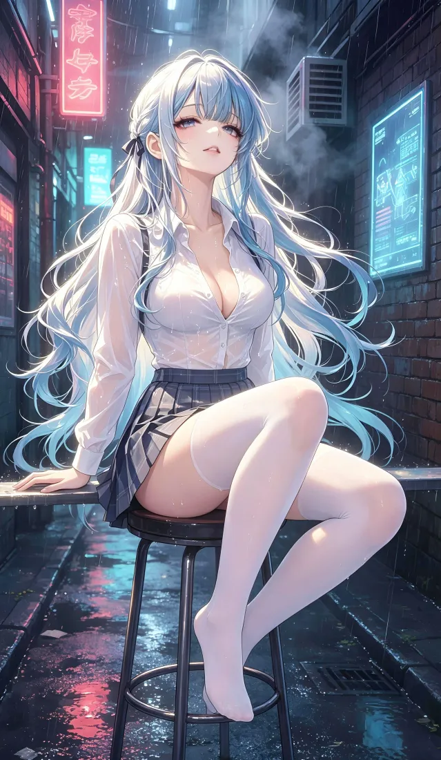 蓝发少女手机壁纸｜都市背景图片 - 霓虹雨夜「哲风壁纸」