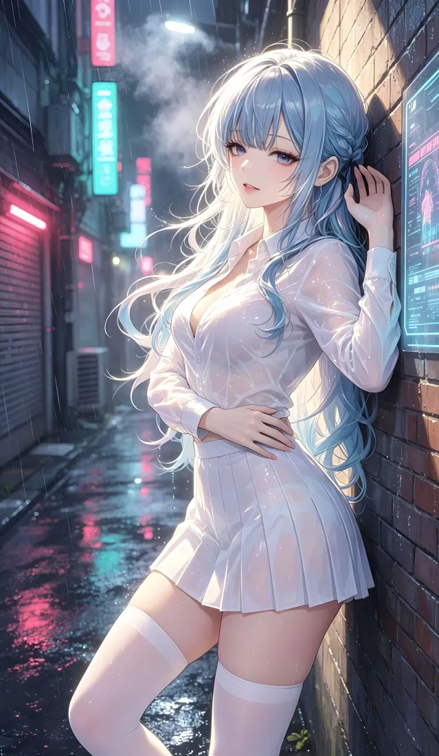 蓝发少女手机壁纸｜雨夜小巷背景图片 - 纯白穿搭「哲风壁纸」