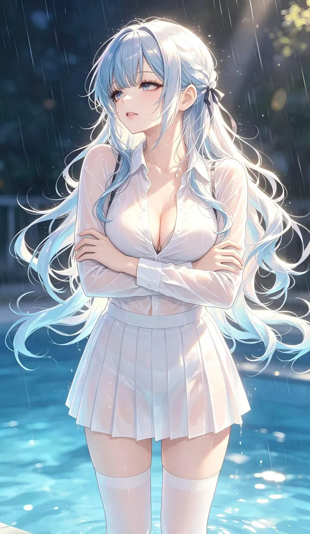 蓝发二次元少女手机壁纸｜雨天水边背景图片 - 手机「哲风壁纸」