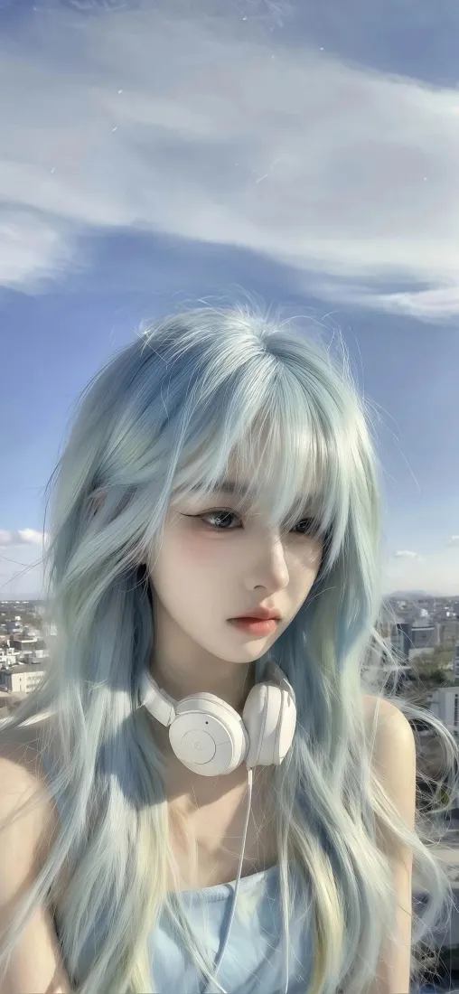 浅蓝发二次元美女手机壁纸｜天台背景图片 - 清新氛围感「哲风壁纸」