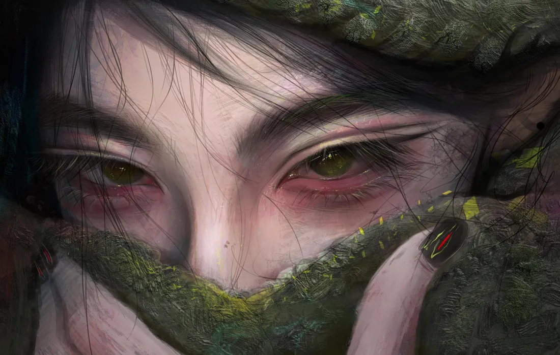 5k古风遮面女子壁纸｜绿色背景图片 - 凌厉眼神「哲风壁纸」