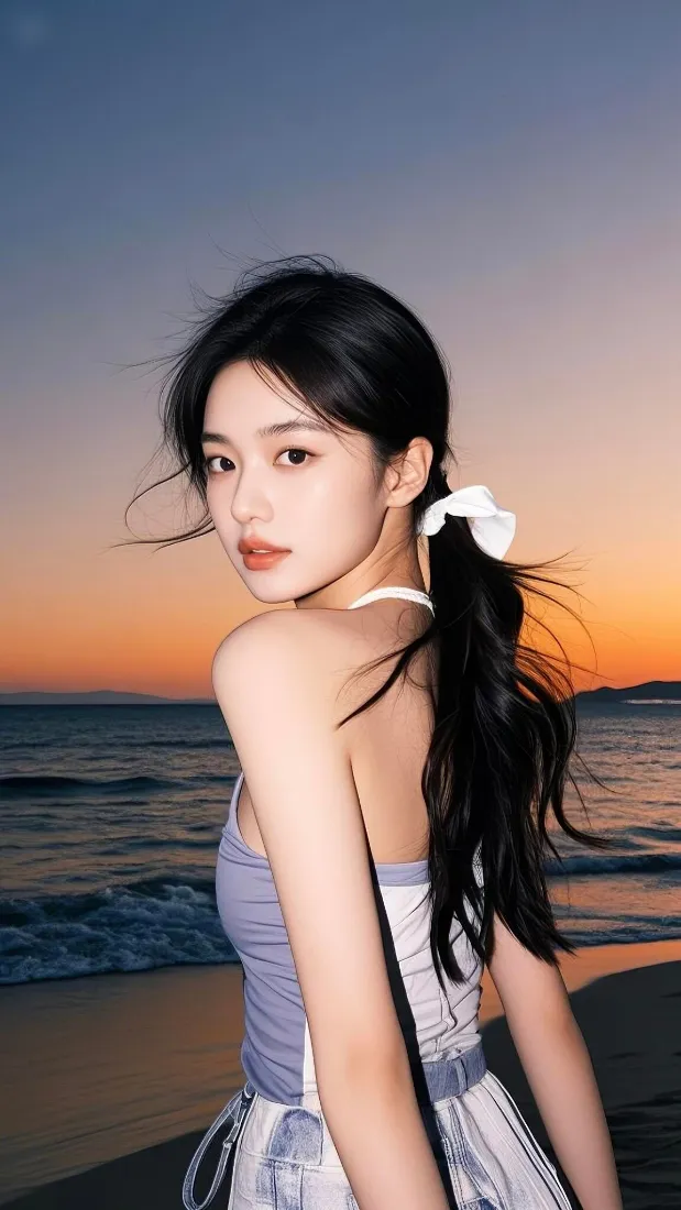 氛围感美女手机壁纸｜海边背景图片 - 日落「哲风壁纸」