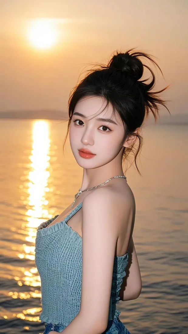氛围感美女手机壁纸｜海边背景图片 - 落日「哲风壁纸」