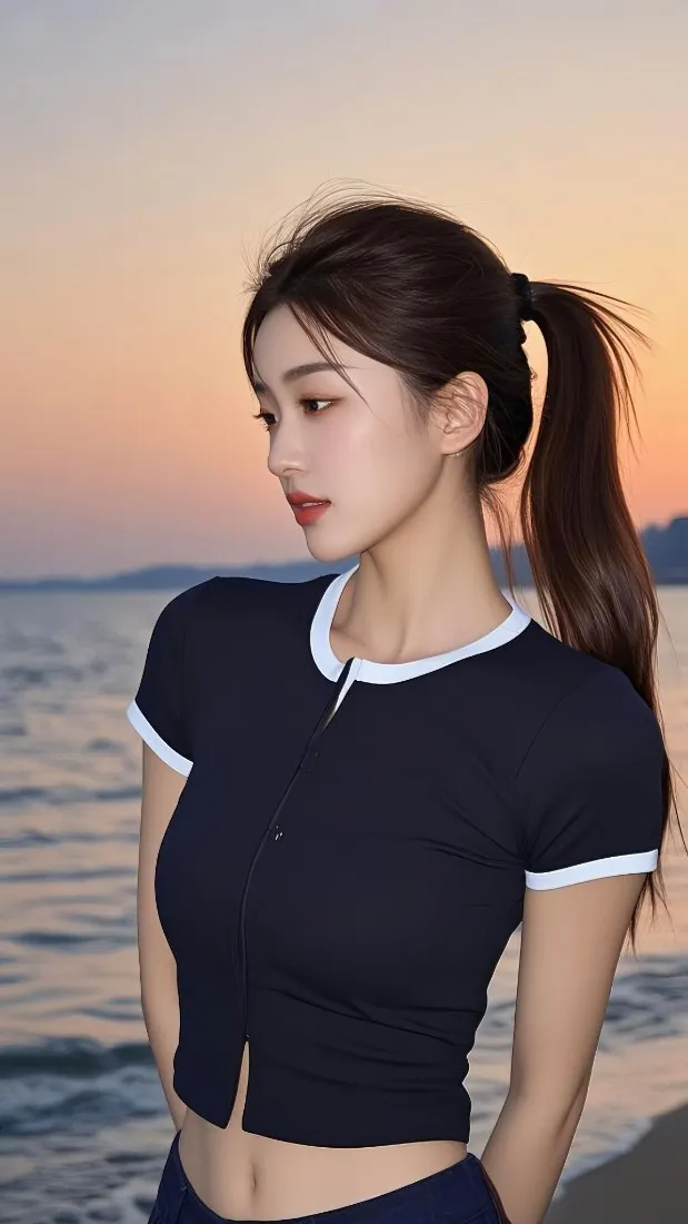 马尾美女手机壁纸｜海边背景图片 - 黄昏日落「哲风壁纸」