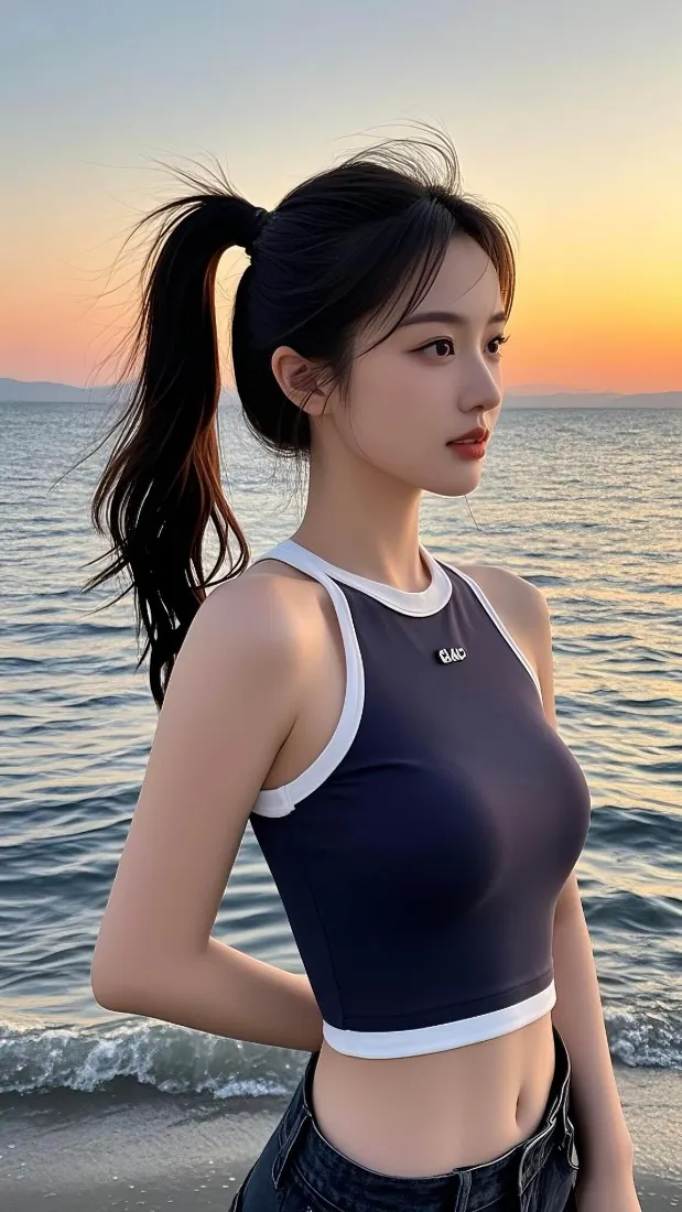 马尾美女手机壁纸｜海边背景图片 - 落日黄昏「哲风壁纸」