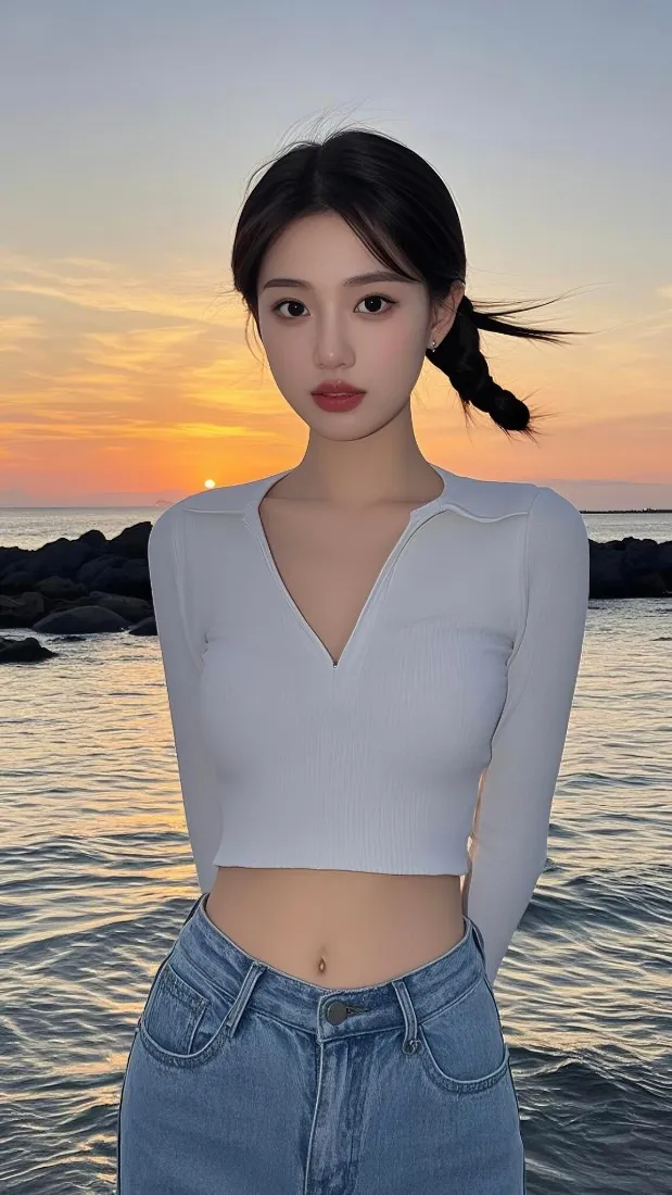 氛围感美女手机壁纸｜海边背景图片 - 日落黄昏「哲风壁纸」