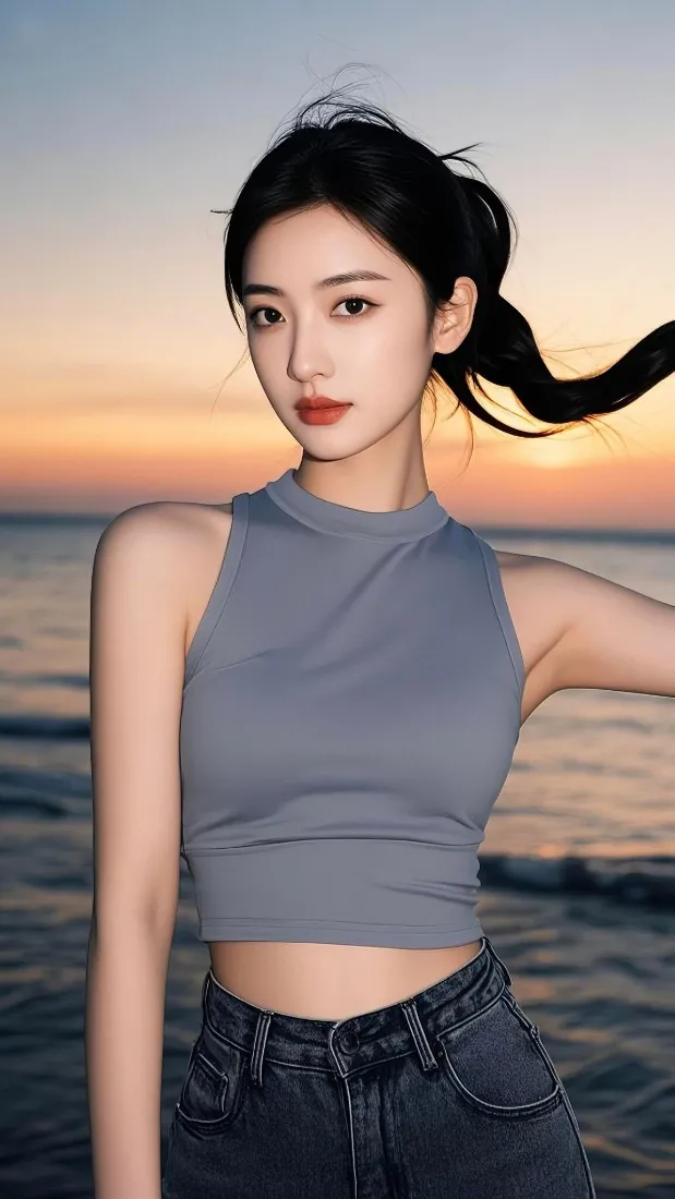 气质美女手机壁纸｜海边背景图片 - 黄昏「哲风壁纸」