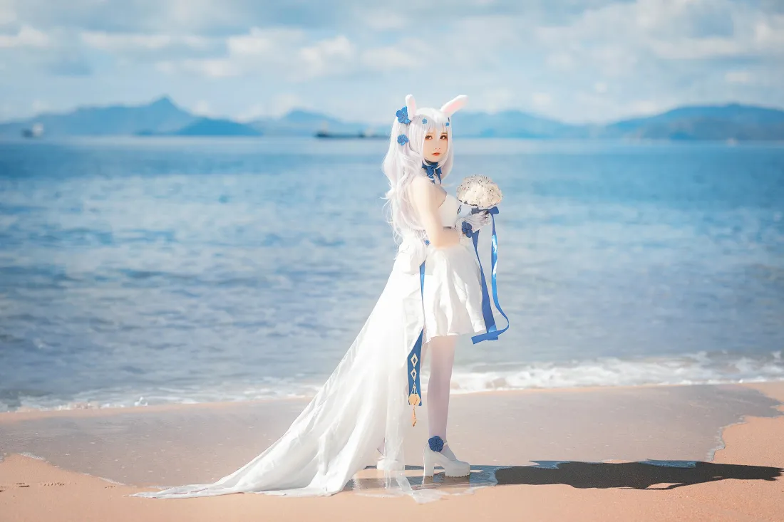 4k拉菲cosplay壁纸｜海边背景图片 - 碧蓝航线婚纱「哲风壁纸」