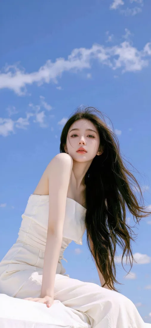 长发美女手机壁纸｜蓝天白云背景图片 - 清新「哲风壁纸」