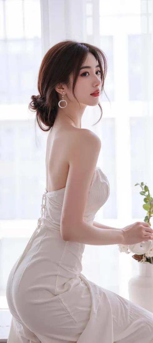 气质美女手机壁纸｜简约室内背景图片 - 纯白长裙「哲风壁纸」