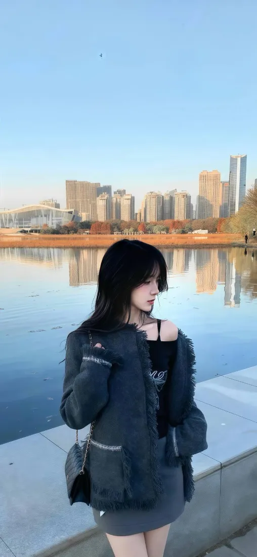 黑衣女生手机壁纸｜滨江城市背景图片 - 清新街拍「哲风壁纸」