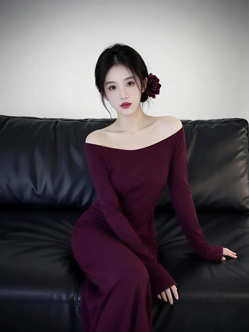 酒红长裙美女手机壁纸｜黑色沙发背景图片 - 优雅氛围感「哲风壁纸」