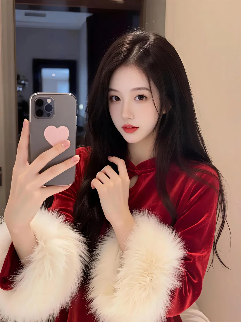 红衣美女手机壁纸｜女生对镜背景图片 - 气质迷人「哲风壁纸」