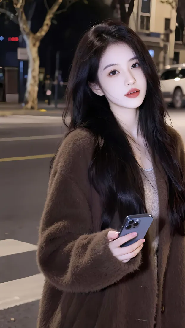 长发美女手机壁纸｜夜晚城市背景图片 - 休闲穿搭「哲风壁纸」