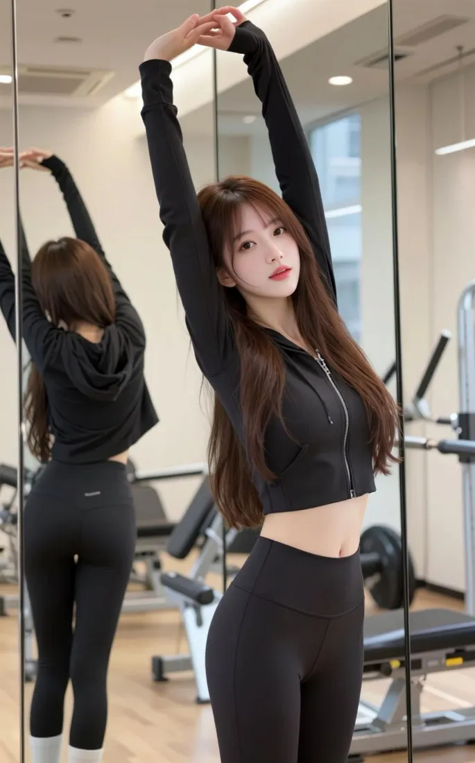 健身美女手机壁纸｜健身房背景图片 - 黑色运动穿搭「哲风壁纸」