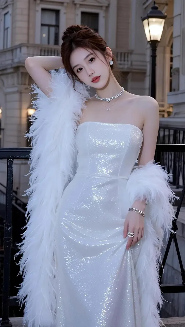 气质美女手机壁纸｜欧式夜景背景图片 - 仙气白裙「哲风壁纸」