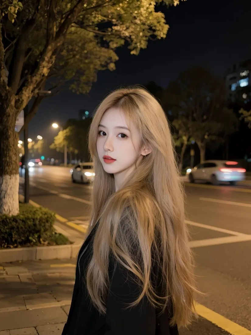 金发美女手机壁纸｜夜晚街景背景图片 - 氛围感「哲风壁纸」