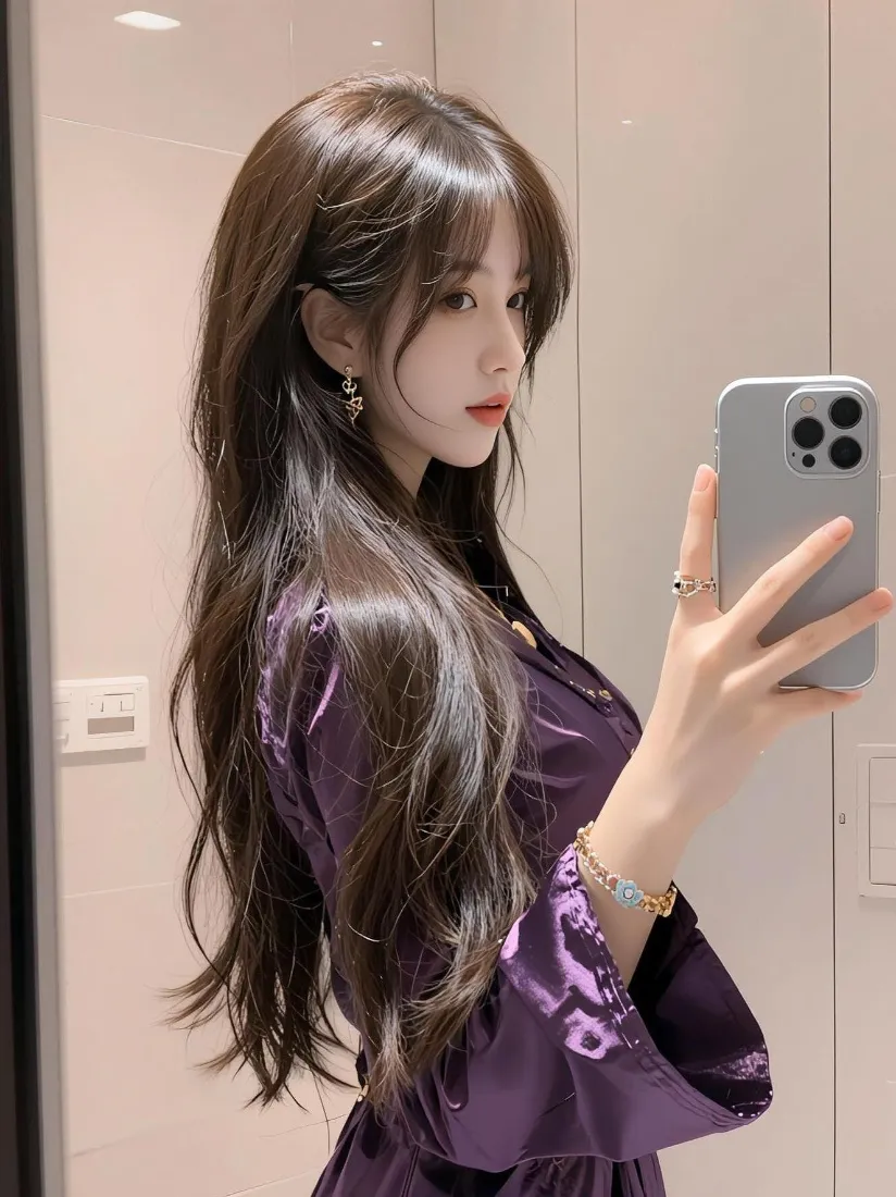 长发美女手机壁纸｜浅墙背景图片 - 紫裙对镜自拍「哲风壁纸」