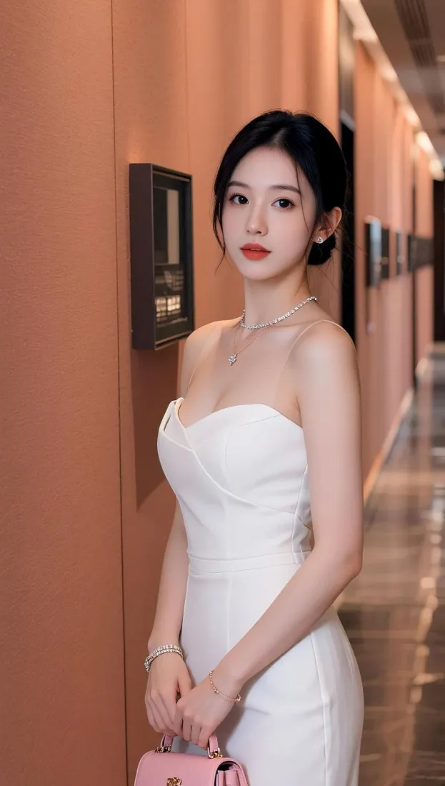 气质女神手机壁纸｜暖调走廊背景图片 - 白色礼裙「哲风壁纸」