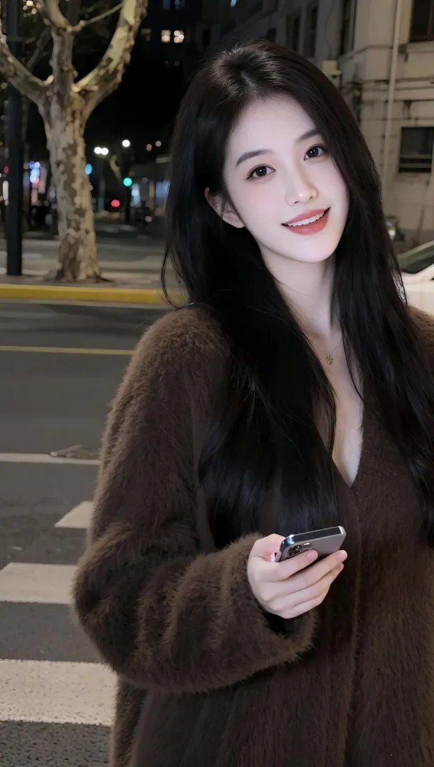 长发美女手机壁纸｜夜晚街头背景图片 - 休闲穿搭「哲风壁纸」