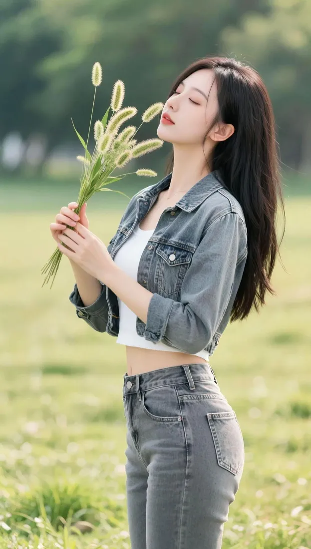 清新美女手机壁纸｜户外背景图片 - 草地写真「哲风壁纸」