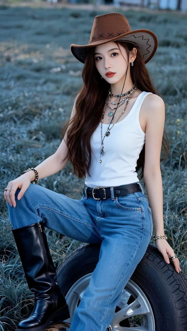 酷感牛仔美女手机壁纸｜户外草地背景图片 - 休闲穿搭「哲风壁纸」