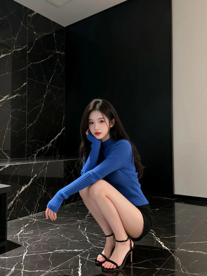 蓝衣长发美女手机壁纸｜现代轻奢室内背景图片 - 手机「哲风壁纸」