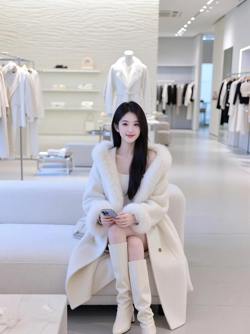 气质美女手机壁纸｜服装店背景图片 - 米白穿搭「哲风壁纸」