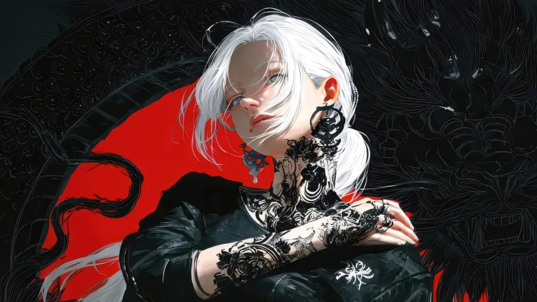 3k白发少女壁纸｜红黑撞色背景图片 - 暗黑酷感「哲风壁纸」