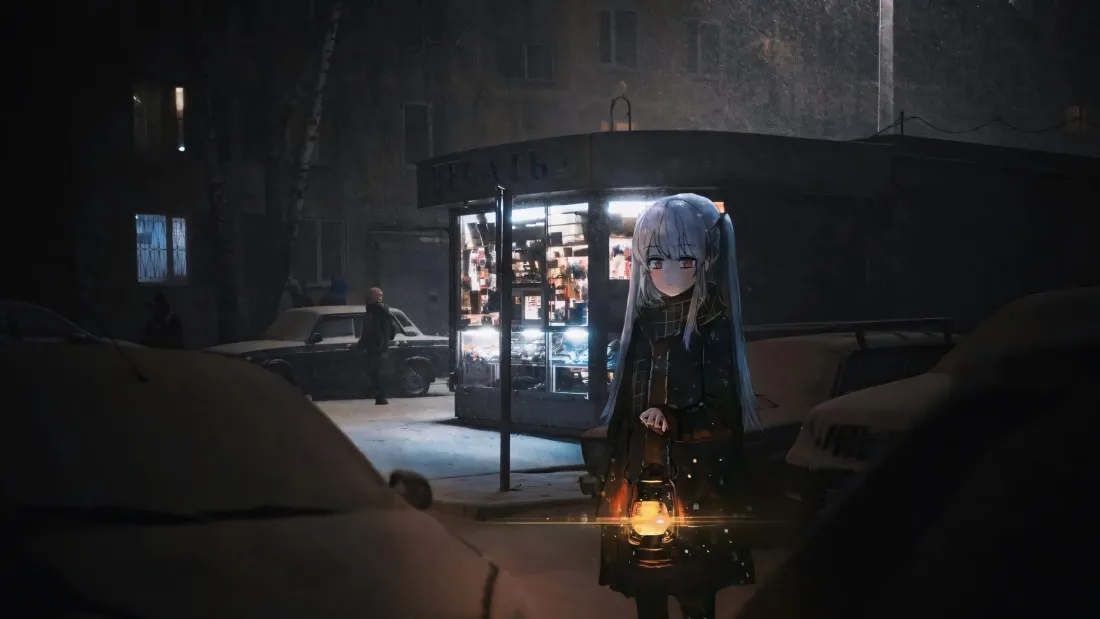 3k银发少女壁纸｜夜景街头背景图片 - 报刊亭「哲风壁纸」
