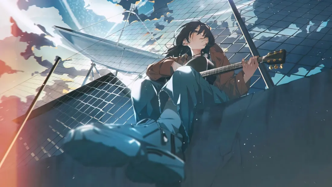 3k二次元少女壁纸｜吉他台阶背景图片 - 日系插画「哲风壁纸」