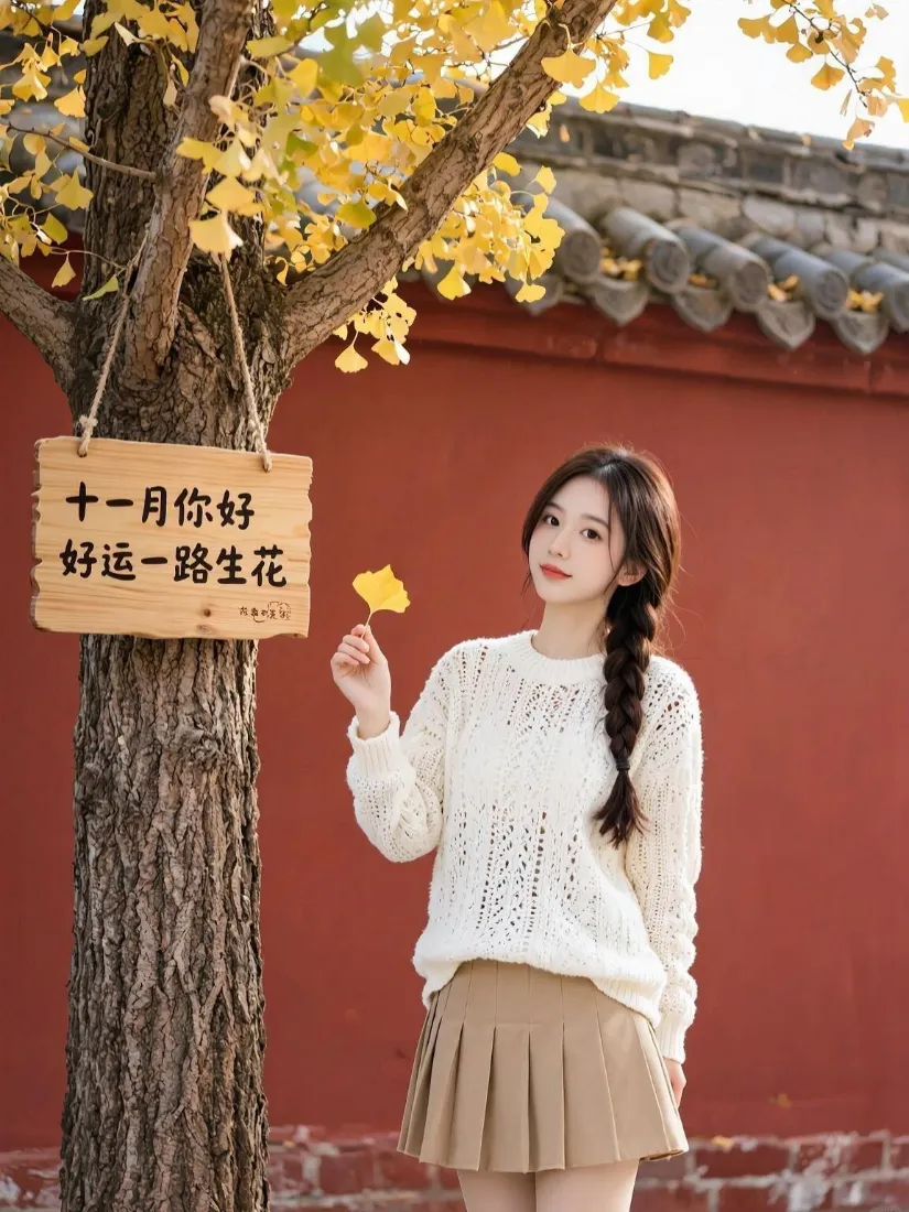 秋日少女手机壁纸｜红墙银杏背景图片 - 十一月你好「哲风壁纸」