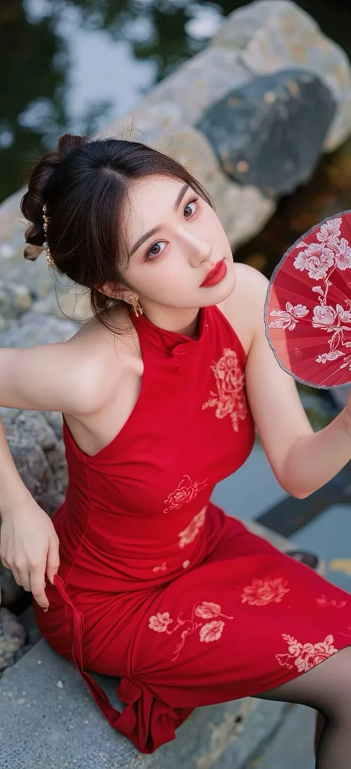 红旗袍美女手机壁纸｜手机背景图片 - 国风写真「哲风壁纸」