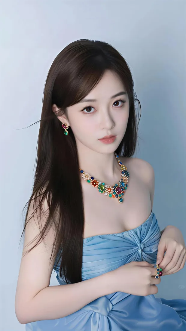 气质美女手机壁纸｜浅蓝背景图片 - 彩宝项链「哲风壁纸」