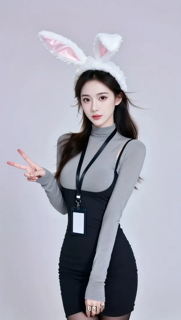 兔耳美女OL手机壁纸｜简约灰色背景图片 - 手机「哲风壁纸」