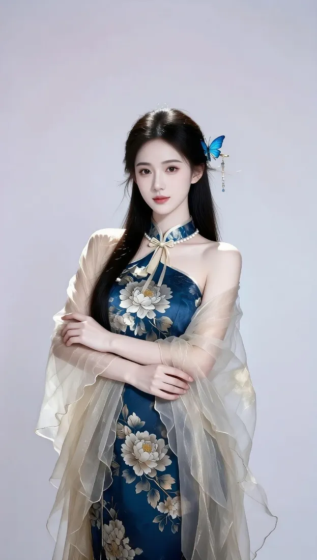 旗袍美女手机壁纸｜浅灰纯色背景图片 - 手机「哲风壁纸」