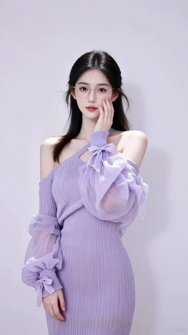 气质美女手机壁纸｜浅色简约背景图片 - 紫色露肩长裙「哲风壁纸」