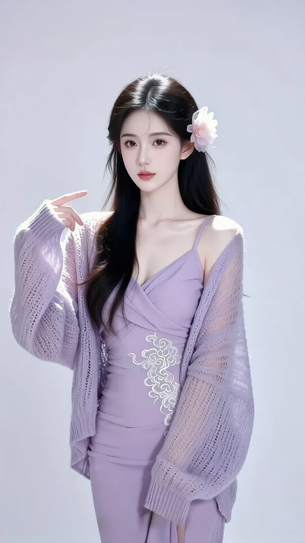 紫衣美女手机壁纸｜浅灰纯色背景图片 - 手机「哲风壁纸」