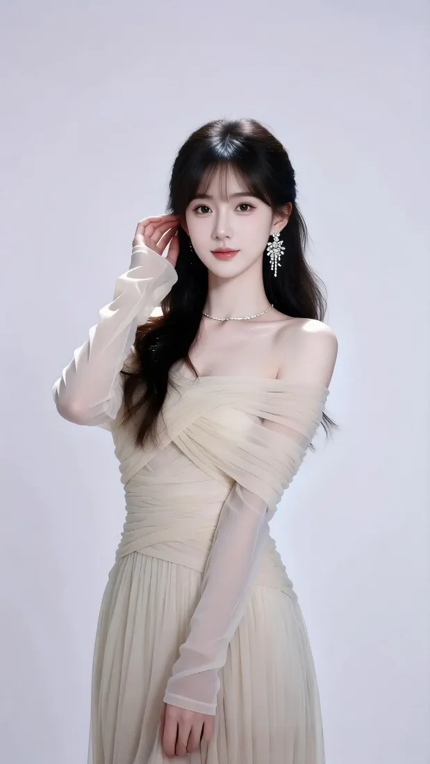 气质美女手机壁纸｜纯色背景图片 - 露肩长裙「哲风壁纸」