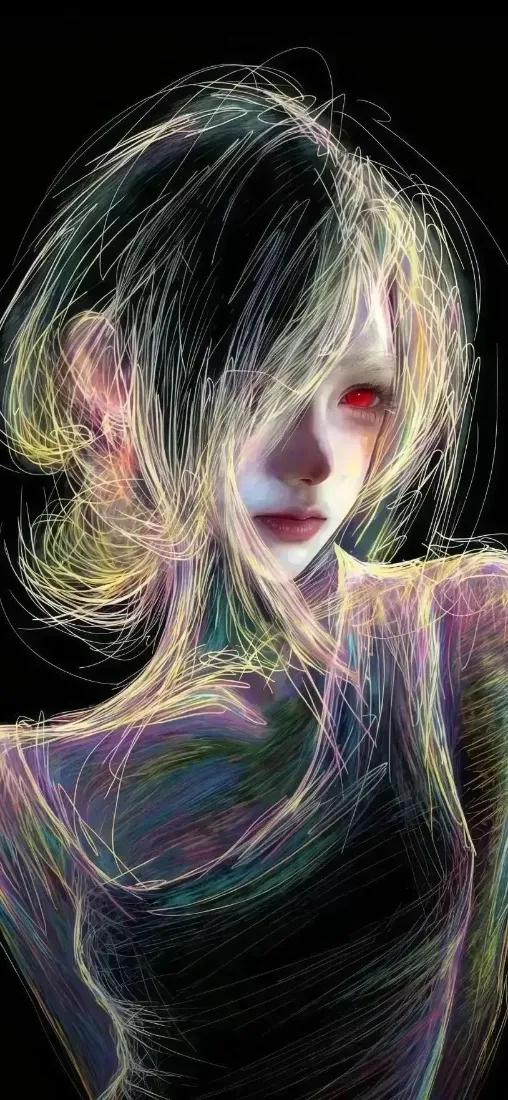 暗黑少女手机壁纸｜纯黑背景图片 - 红眸低丸子头「哲风壁纸」