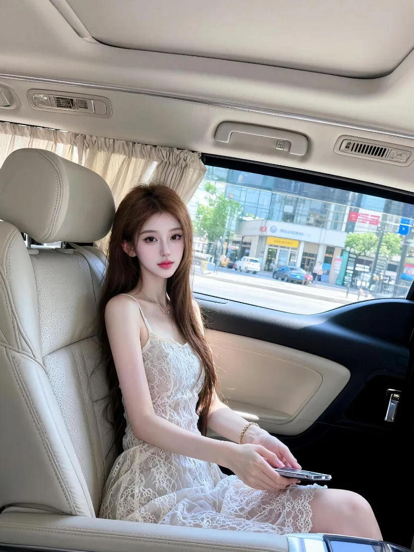 气质美女手机壁纸｜车内街景背景图片 - 蕾丝吊带裙「哲风壁纸」