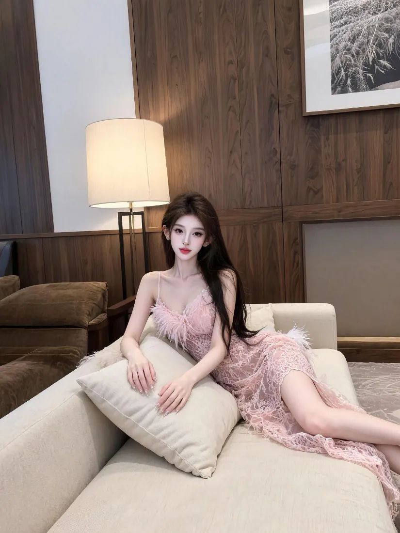 气质美女手机壁纸｜室内背景图片 - 粉色吊带裙「哲风壁纸」