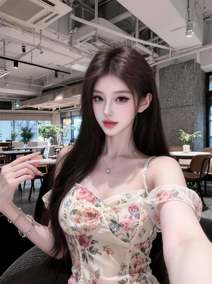 御姐美女手机壁纸｜咖啡厅背景图片 - 碎花吊带「哲风壁纸」