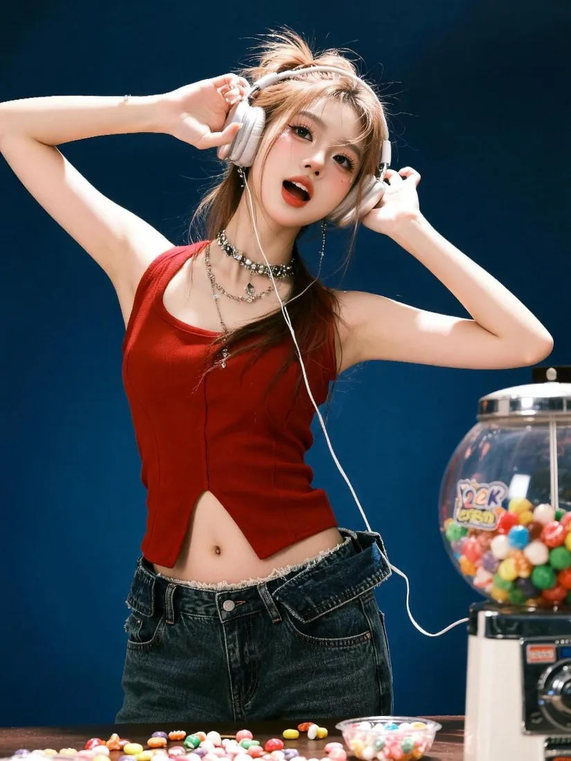 甜酷辣妹少女手机壁纸｜深蓝色背景图片 - 美式少女穿搭「哲风壁纸」