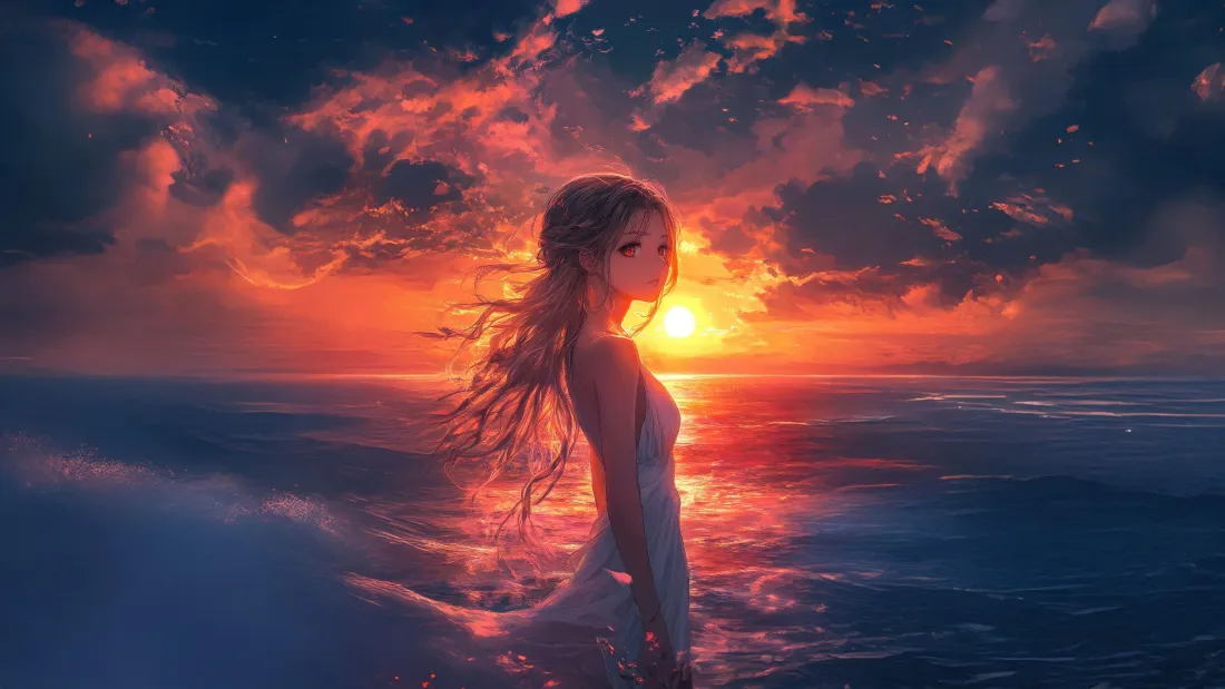 4k二次元少女壁纸｜海边落日背景图片 - 浪漫氛围感「哲风壁纸」
