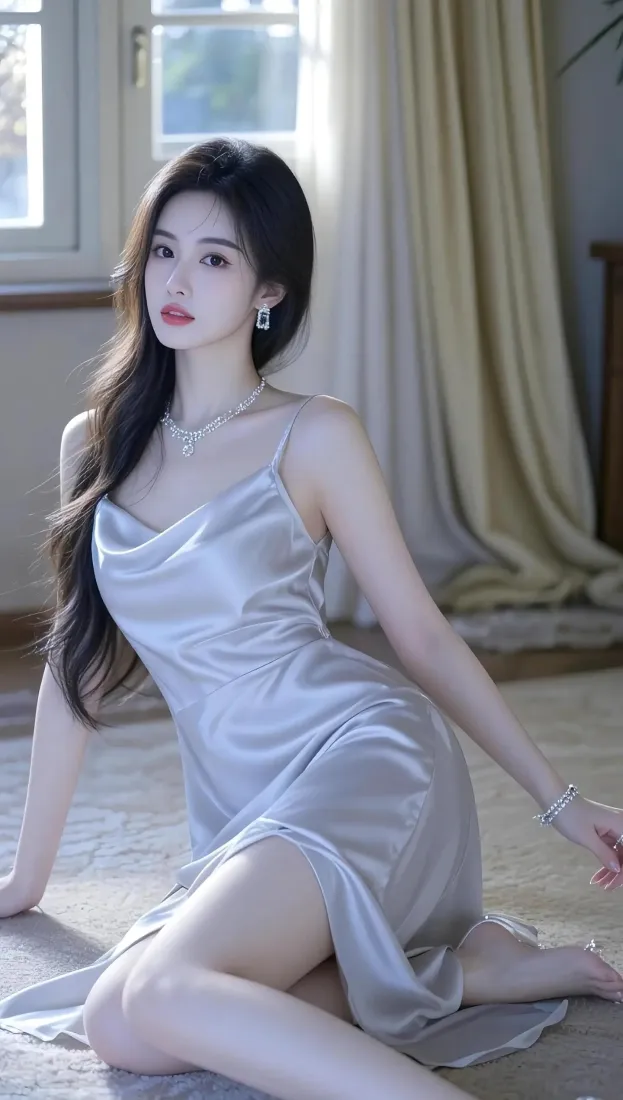 气质美女手机壁纸｜室内背景图片 - 银灰吊带裙「哲风壁纸」