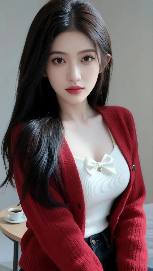 长发美女手机壁纸｜简约背景图片 - 红色开衫穿搭「哲风壁纸」