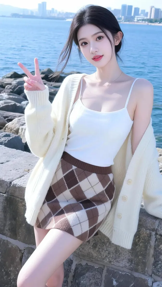 清纯美女手机壁纸｜海边背景图片 - 休闲穿搭「哲风壁纸」
