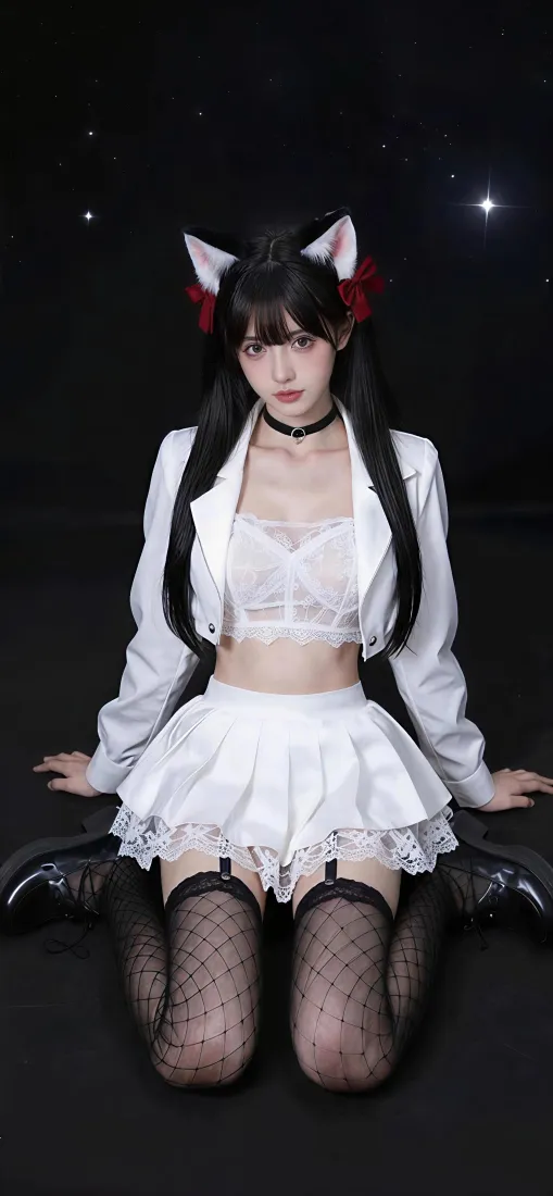 猫耳少女手机壁纸｜黑色星空背景图片 - 性感cos「哲风壁纸」