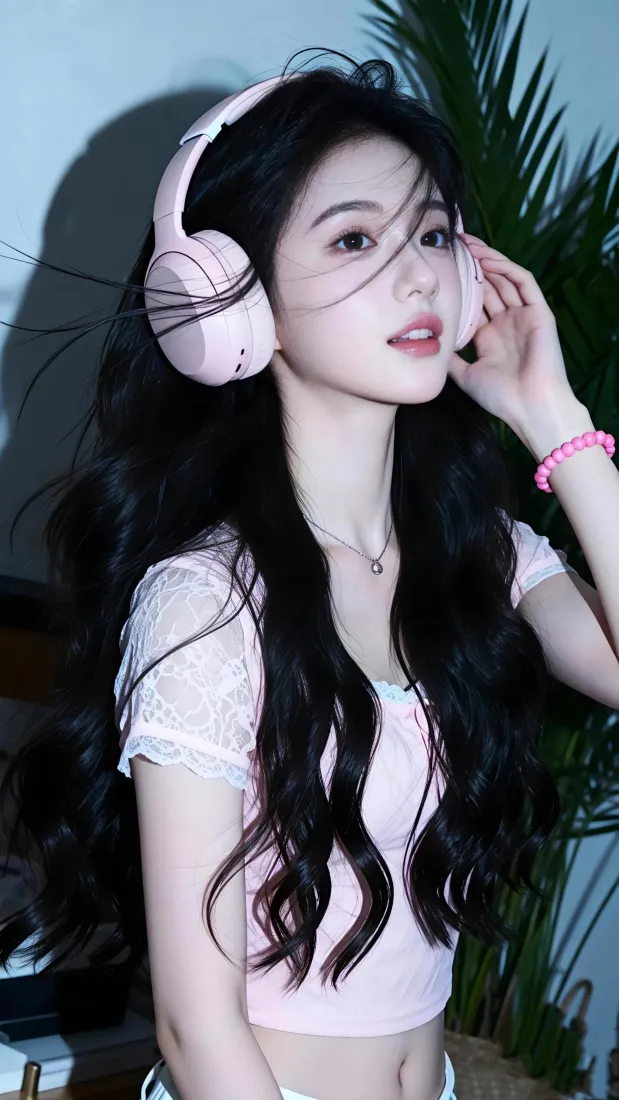 纯欲长发美女手机壁纸｜手机背景图片 - 粉色耳机「哲风壁纸」